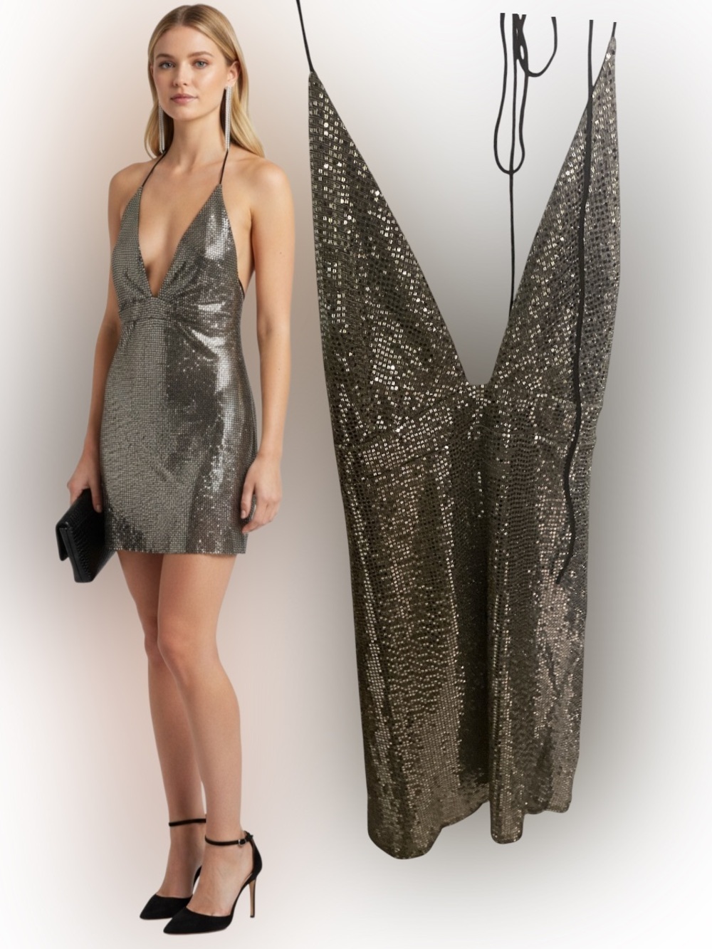 Silver Sequin Metallic Halter Mini Dress Y2K Party Low Cut Small S